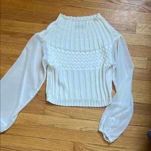 White Knit Sweater with Sheer Sleeves